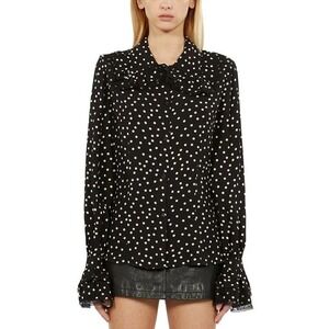 The Kooples Black Polka Dot Lace Trim Ruffle Collar Button Up Shirt Women Size L